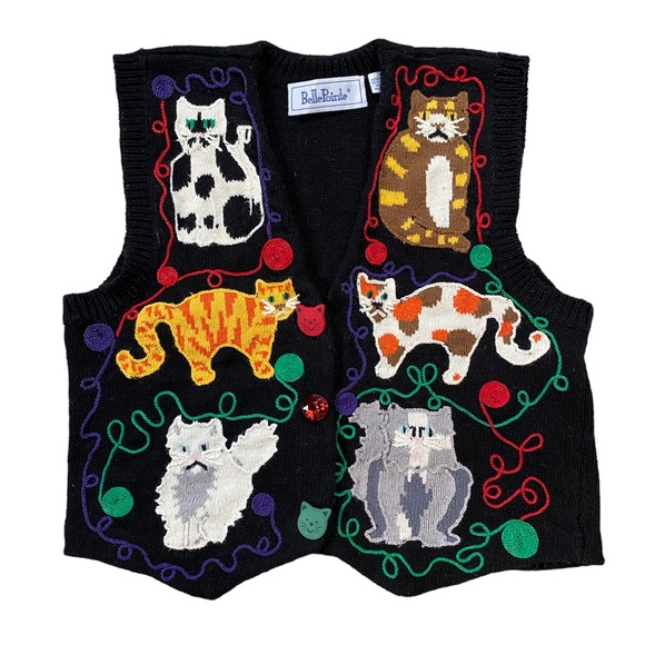 Vintage Jackets & Blazers - Vintage 1990s BellePointe Kitty and Yarn Sweater Vest